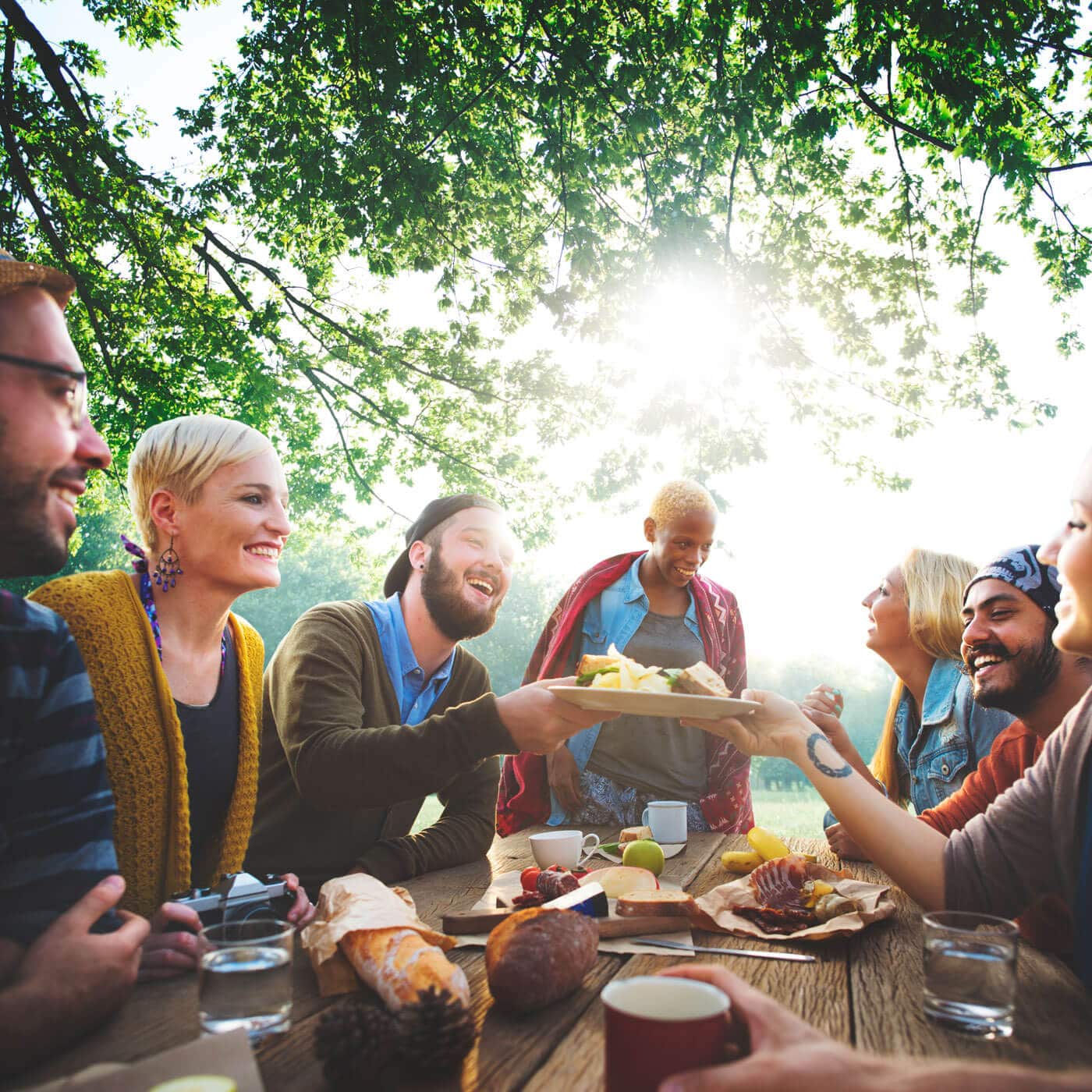 People hang out, food, Outdoor. Hang out at social Gatherings together.