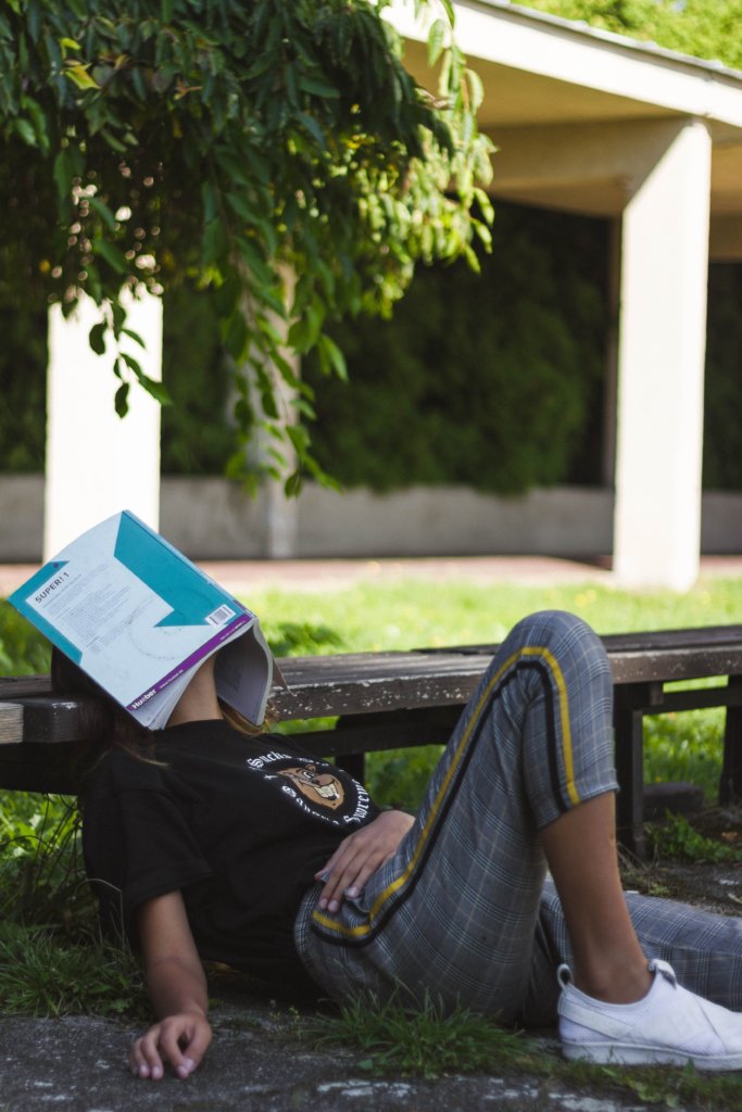 Woman asleep on a bench with a textbook open and covering her face