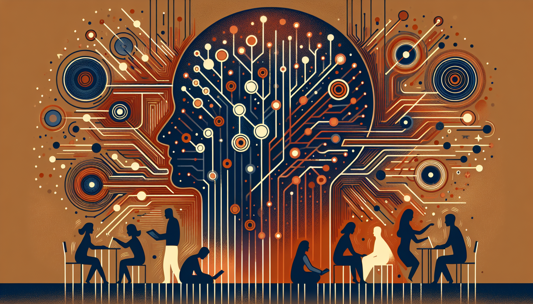 Abstract editorial illustration of neural pathways transforming into human social connections